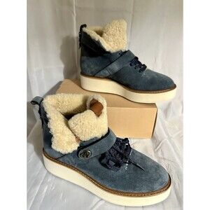 Coach Urban Hiker Blue Suede Shearling Boots Faux Fur Lining Women’s Size 10